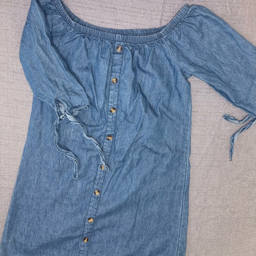 Blue Off-Shoulder Button-Down Dress